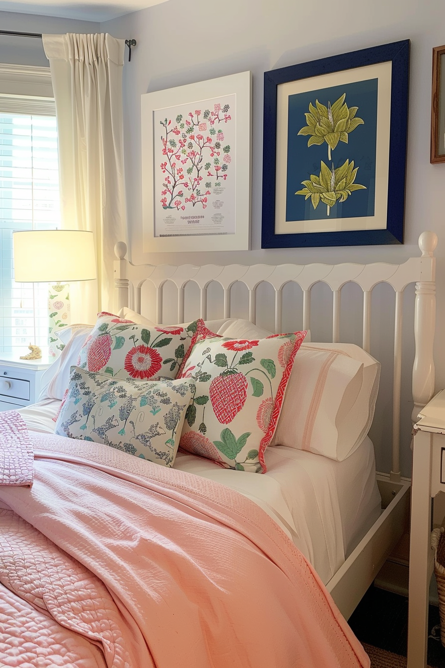 Cozy bedroom with white headboard, patterned pillows, pink blanket, botanical art prints, and white curtains.
