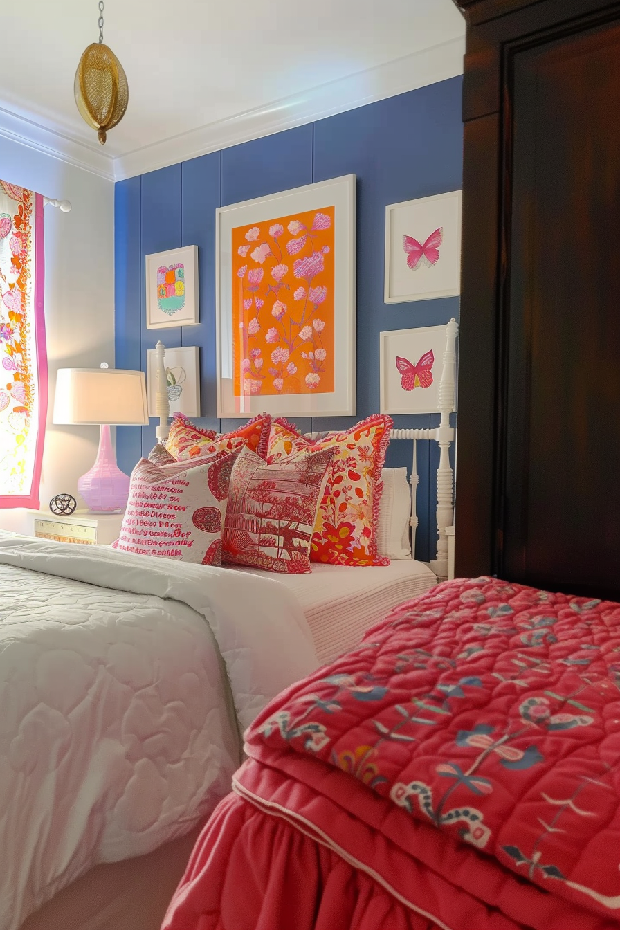 Colorful bedroom with blue walls, floral artwork, and patterned bedding with a mix of red, pink, and white colors.