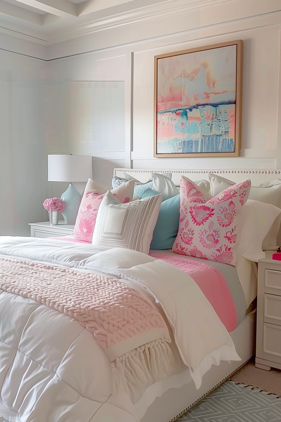 Elegantly decorated bedroom with plush bedding in white and pink, accent pillows, a bedside lamp, and a colorful abstract painting above the bed.