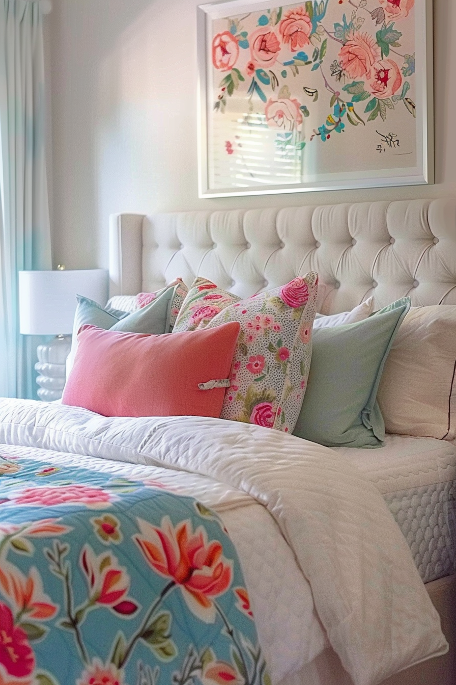 A cozy bedroom with a white tufted headboard, floral bedding, colorful pillows, and a framed flower art piece on the wall.