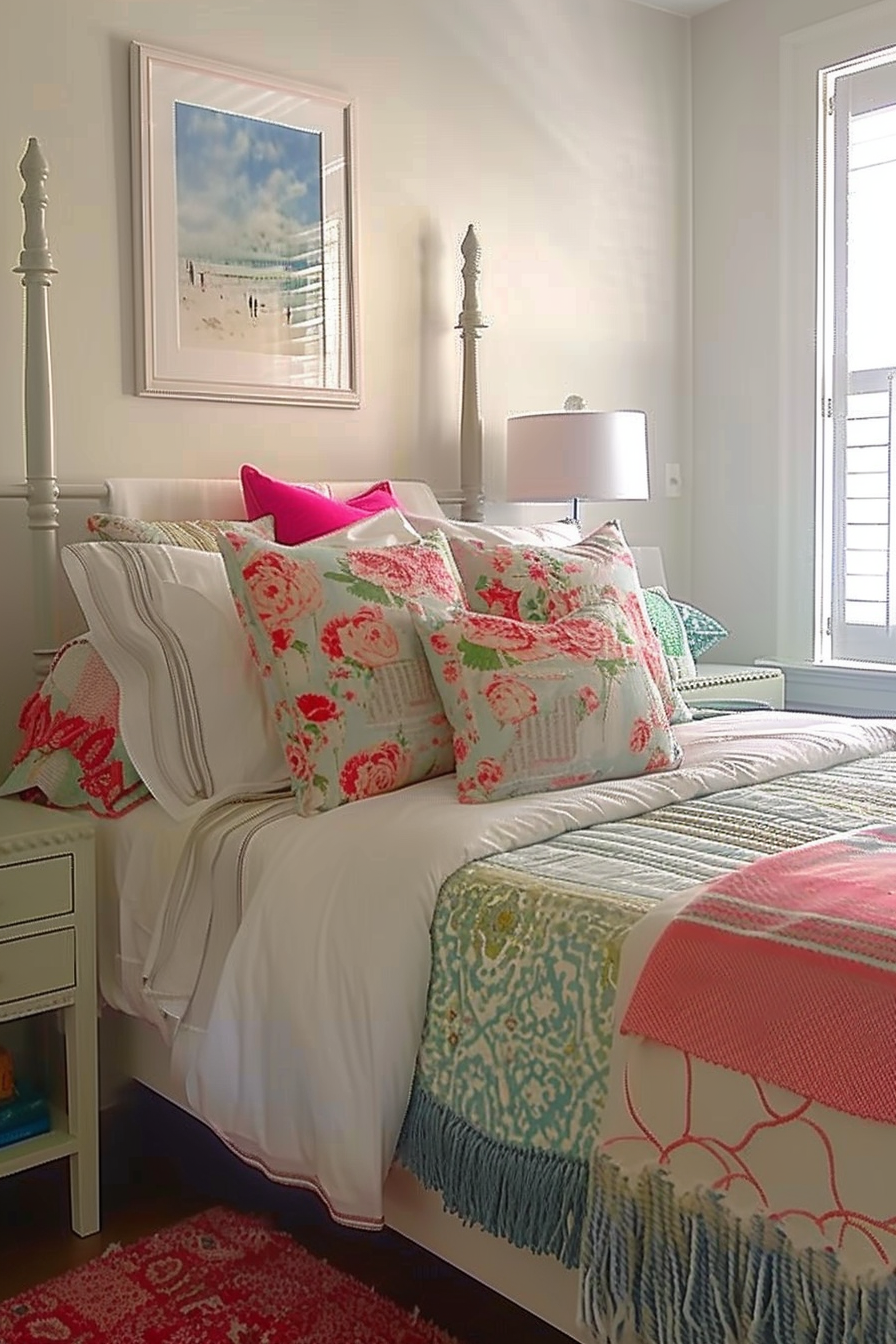 A cozy bedroom with a white bed adorned with colorful floral pillows, a striped blanket, a lamp, and a beach-themed framed art piece.