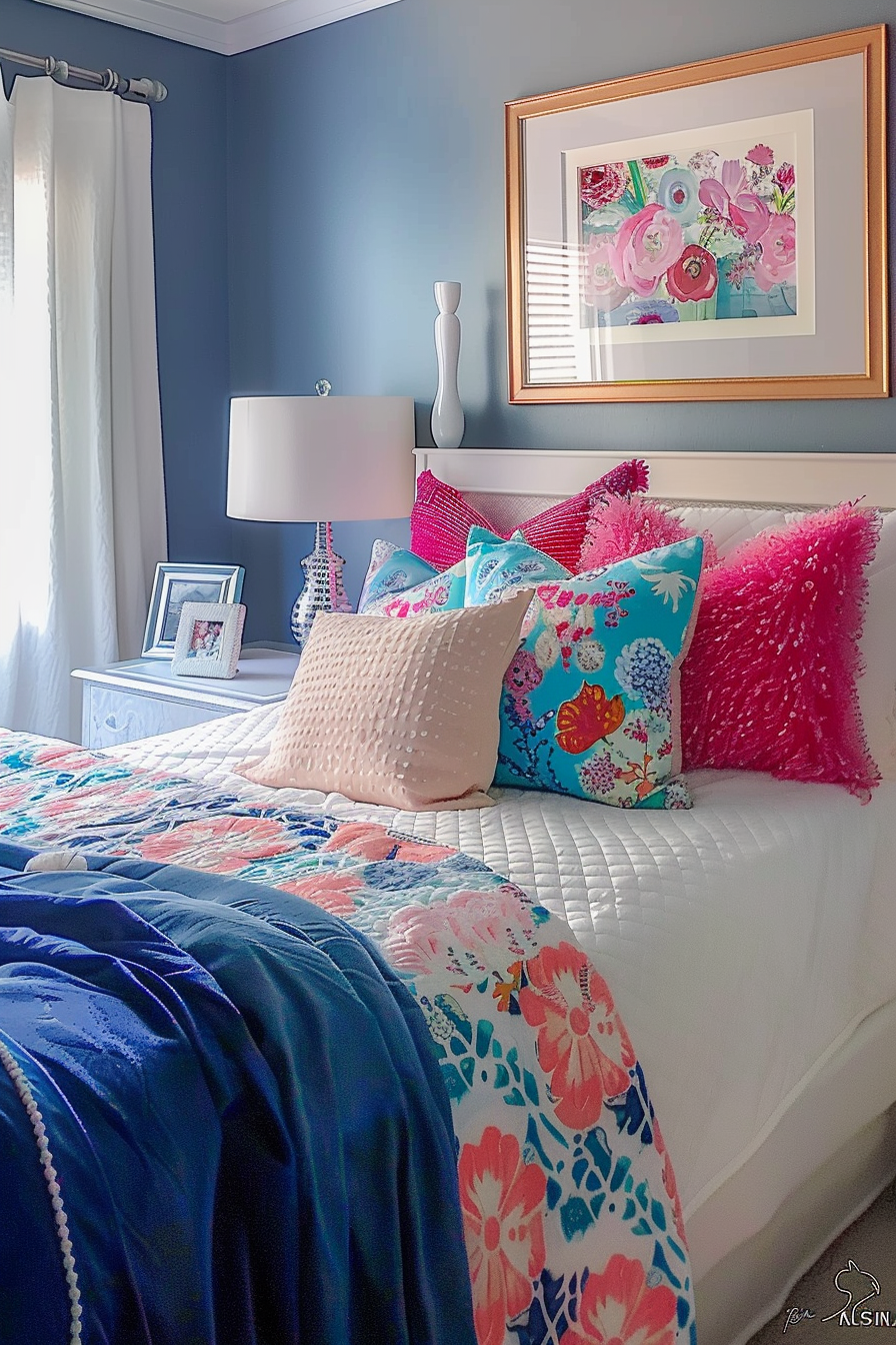 A cozy bedroom with a made bed adorned with colorful floral bedding and accent pillows, framed artwork above, and a blue-gray wall.