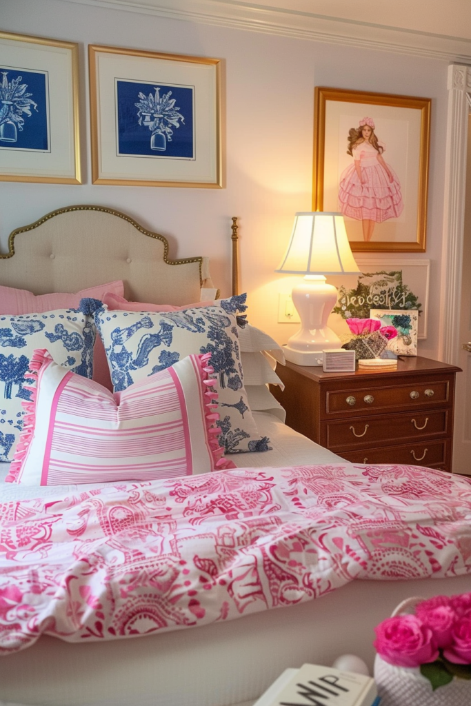 A cozy bedroom featuring a bed with pink and blue patterned bedding, artworks on the wall, a bedside lamp, and a wooden nightstand.