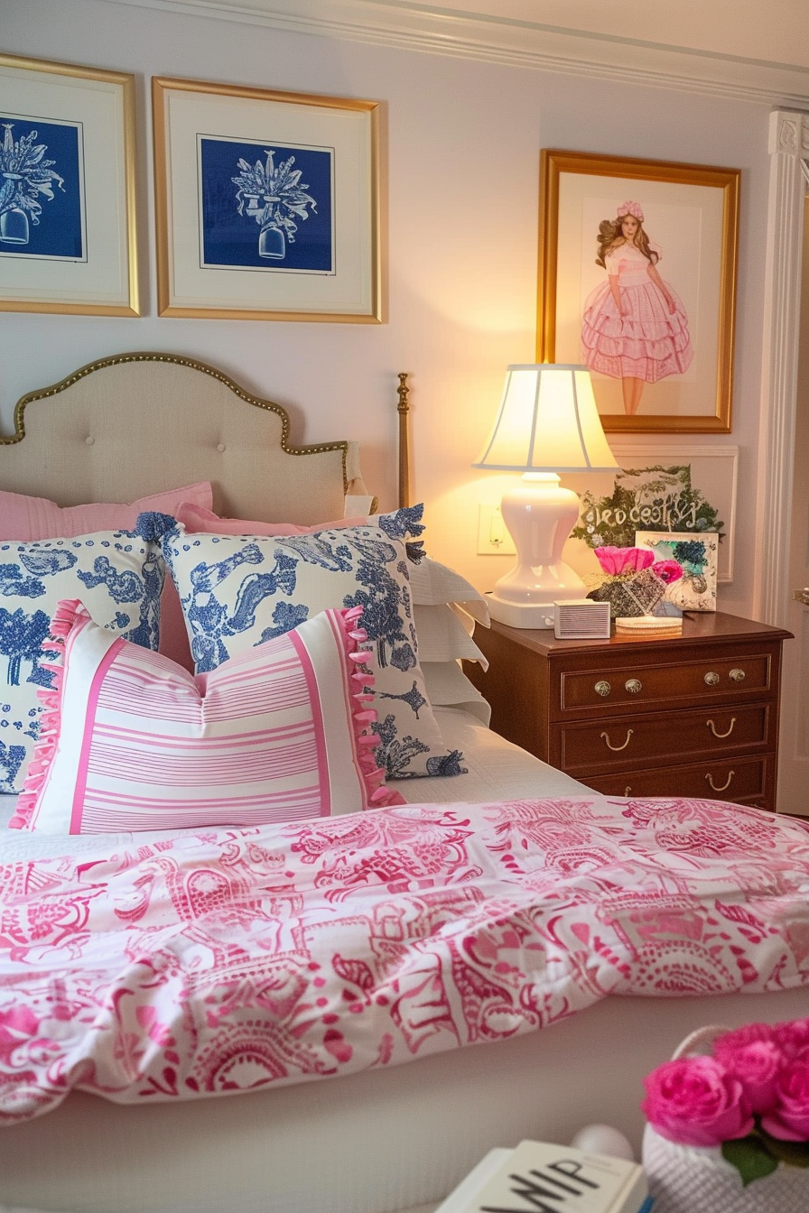 A cozy bedroom featuring a bed with pink and blue patterned bedding, artworks on the wall, a bedside lamp, and a wooden nightstand.