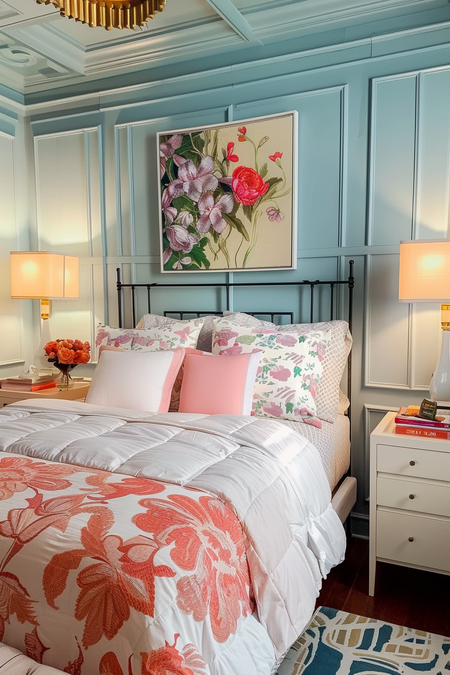 Cozy bedroom with a floral-themed decor, including a colorful framed flower painting above an iron frame bed with patterned bedding.