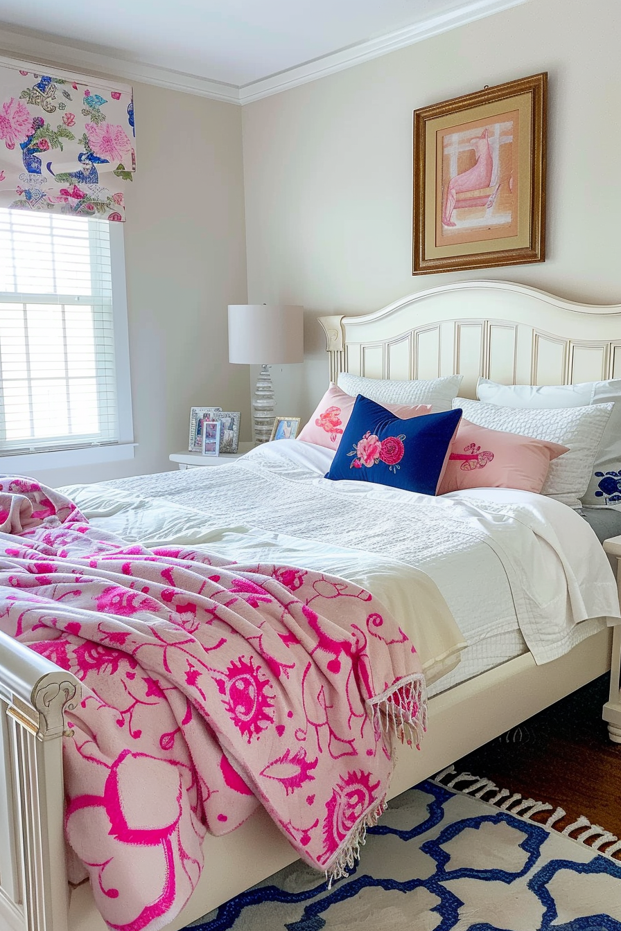 A cozy bedroom with a white bed, pink accents, patterned Roman shade, and framed artwork hanging above the bed.