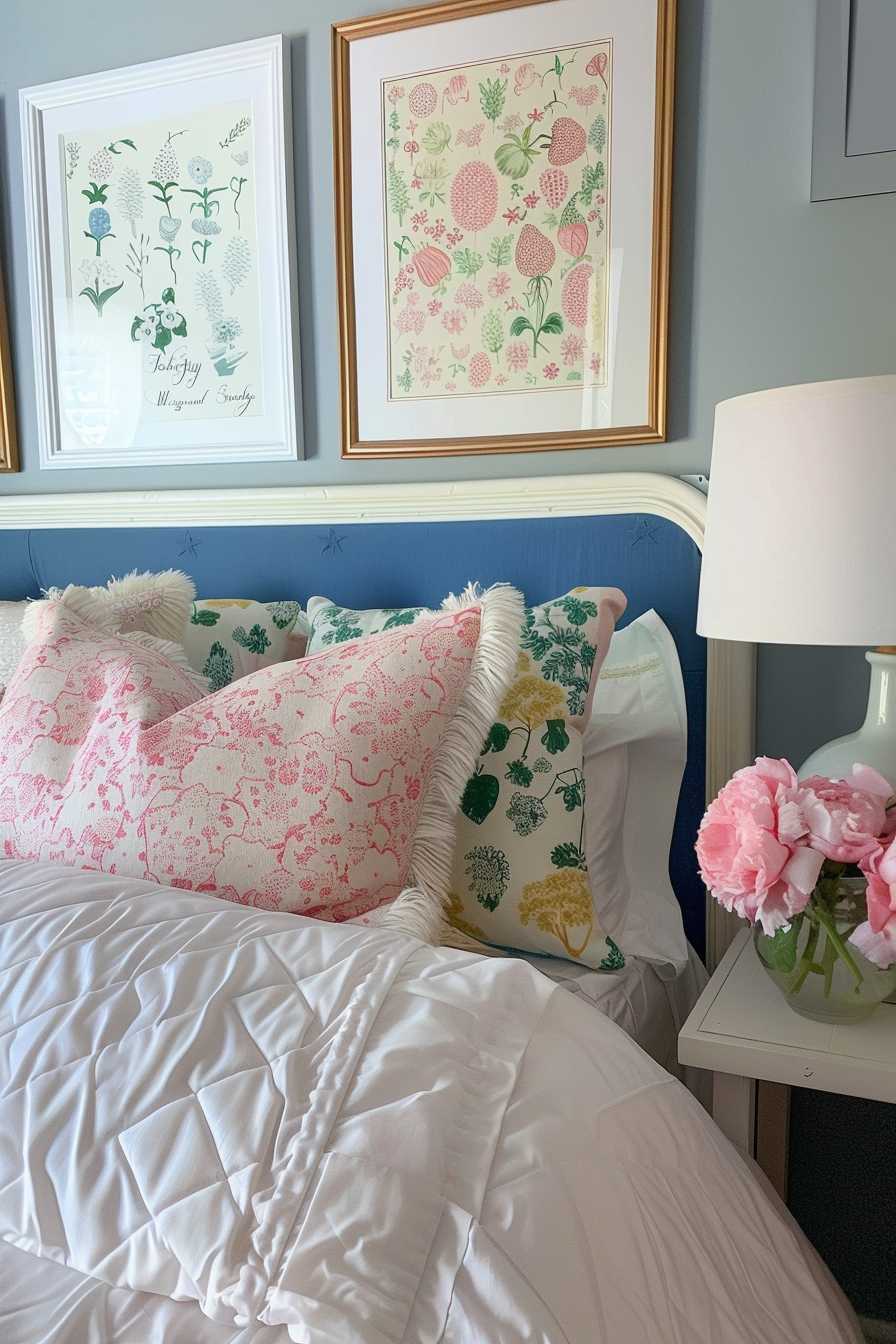 A cozy bedroom corner with botanical prints on the wall, decorative pillows on a bed, and a vase of pink flowers on a nightstand.
