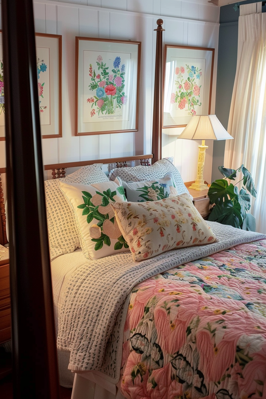 A cozy bedroom with a floral-patterned bedspread, decorative pillows, framed botanical prints, and a warm table lamp.