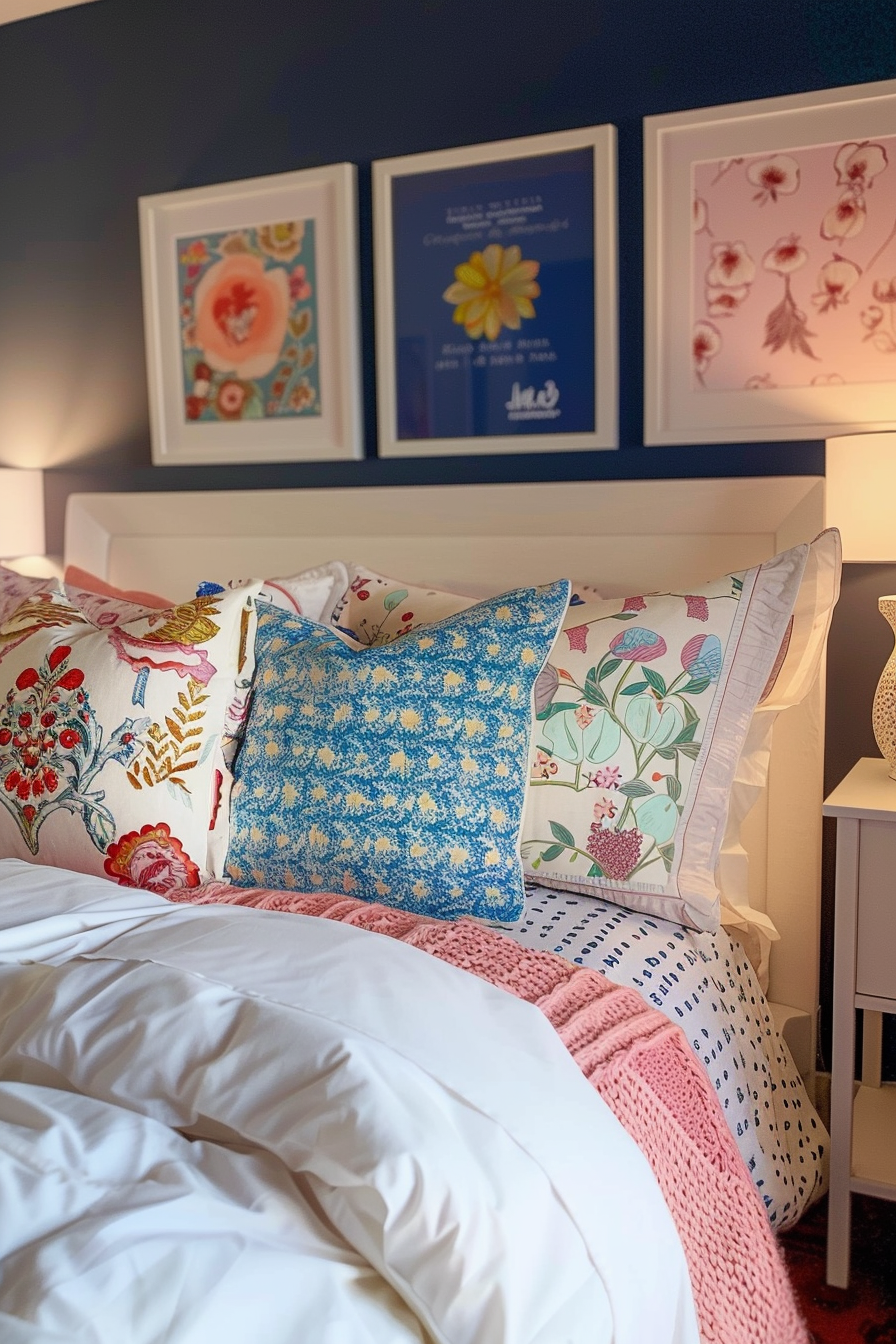 Cozy bedroom with a white bed covered in colorful floral patterned pillows, pink knit throw, and framed botanical prints on the wall.