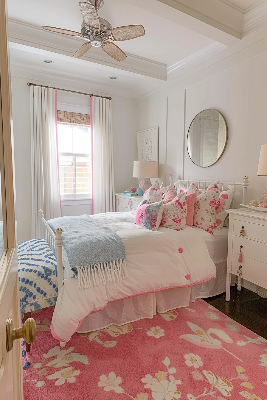 A cozy bedroom with a white bed covered in pink pillows, a blue throw blanket, a pink floral rug, and a ceiling fan.