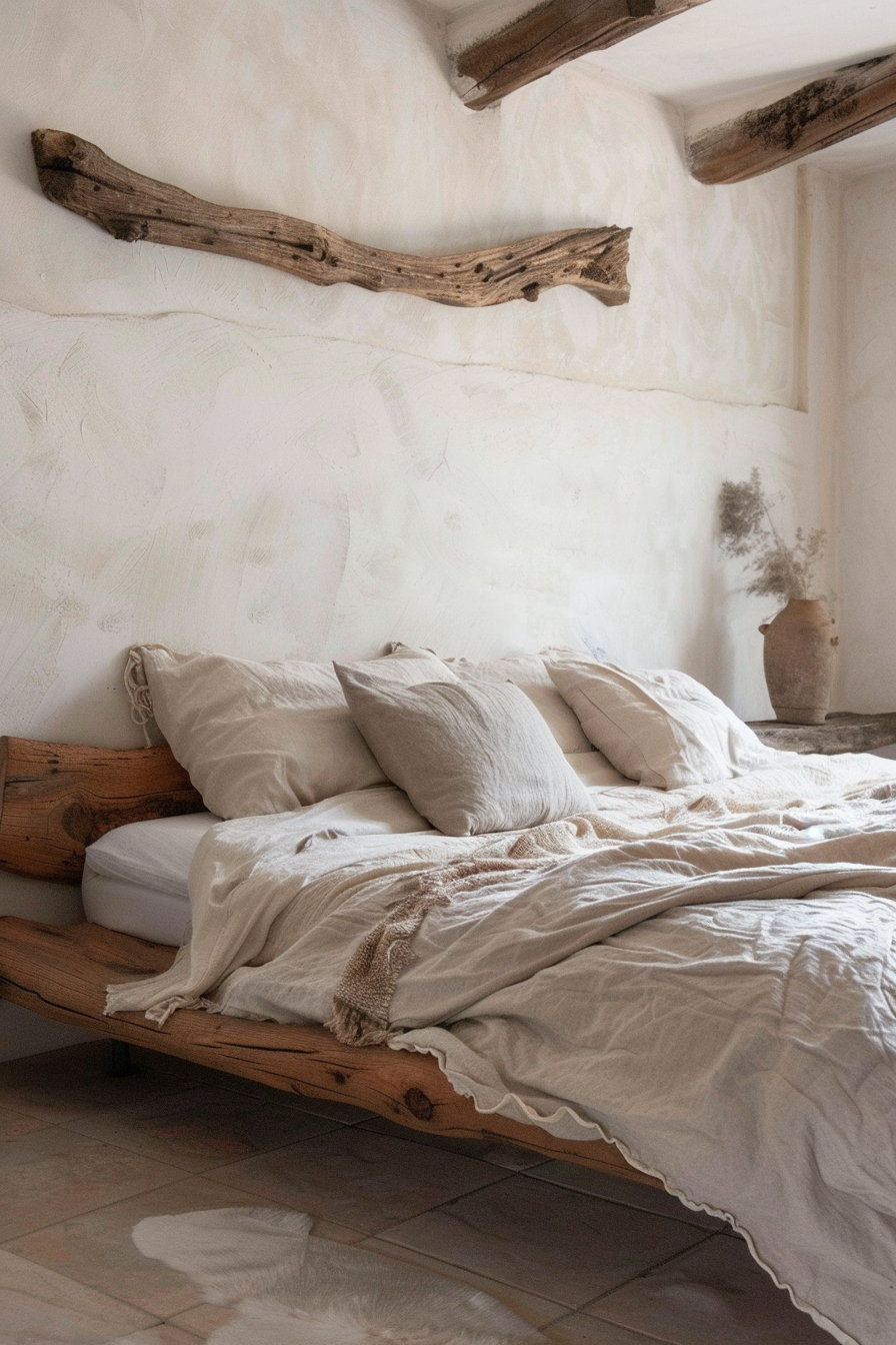 A rustic bedroom featuring an unmade bed with white and beige linens, set against a textured wall with exposed wooden beams.
