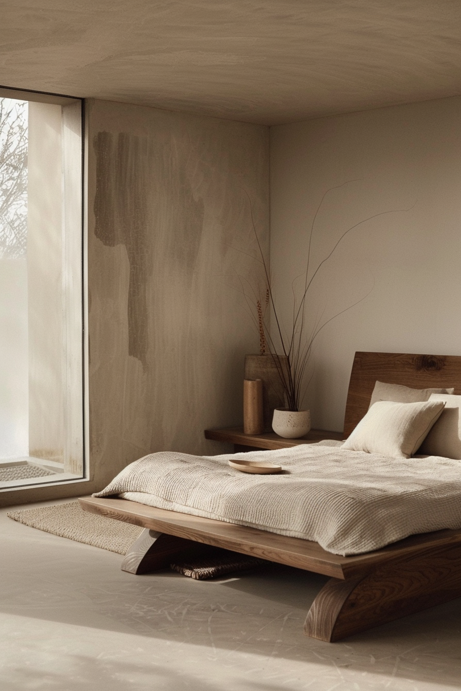 A minimalist bedroom with a wooden platform bed, textured bedding, a large window, and a vase with dried plants.