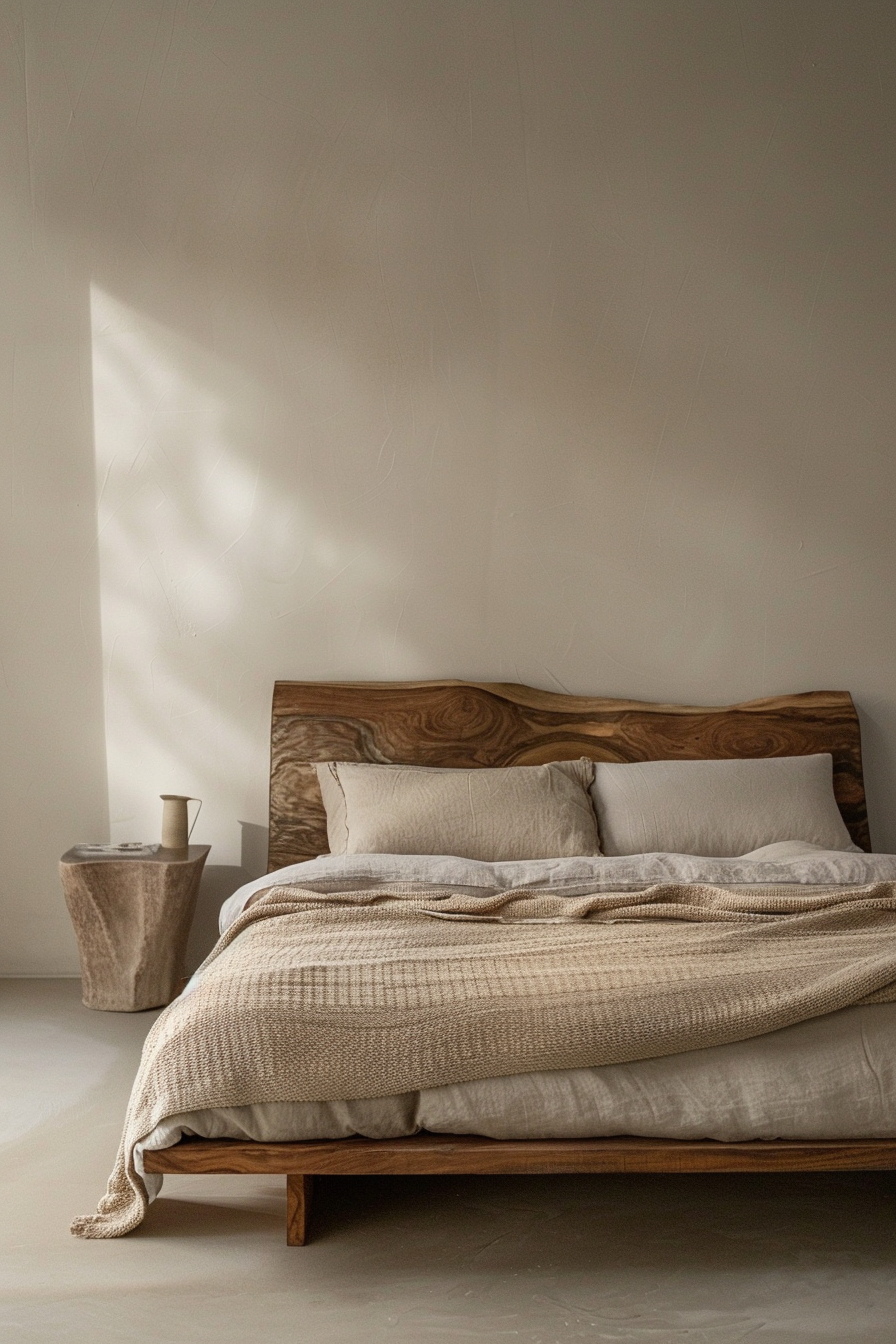 A minimalist bedroom with a wooden bed, cream bedding, and a soft light casting a geometric shadow on the wall.
