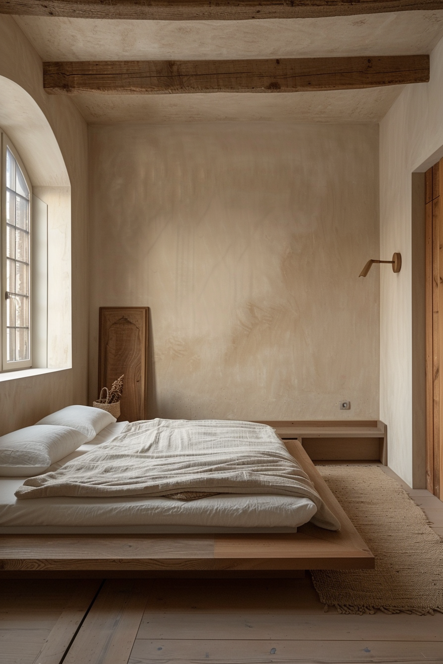 Minimalistic bedroom with a low wooden bed, white linens, exposed beams, and a large window on a textured wall.