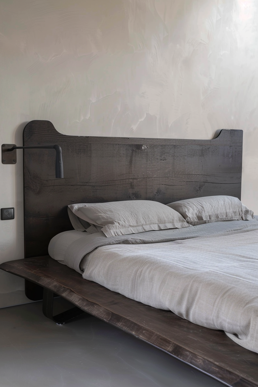 ALT text: "Elegant dark wooden bed frame with a textured headboard, neatly made with crisp white and beige bedding."