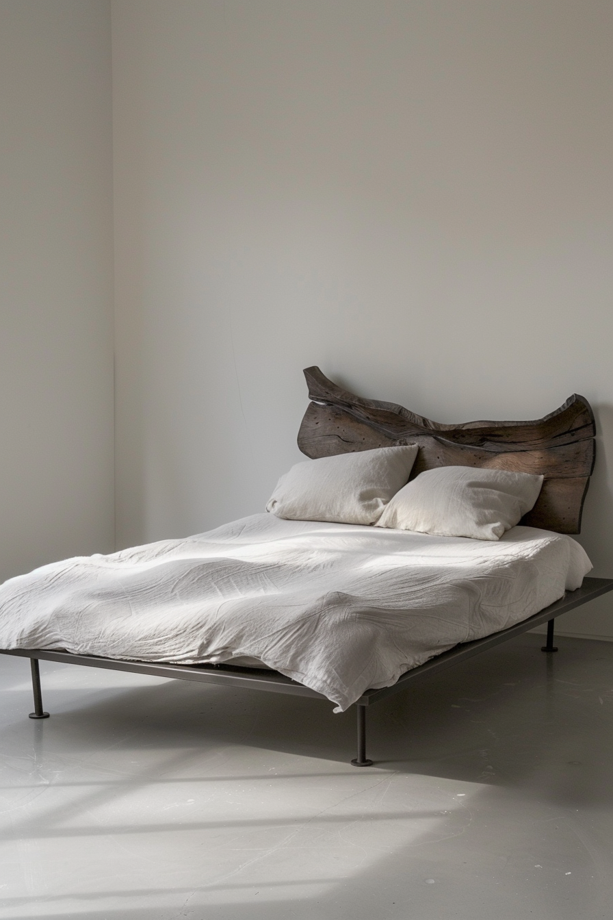 Minimalist bedroom with an unmade bed, white linen, and a unique wooden headboard in a room with grey flooring and white walls.
