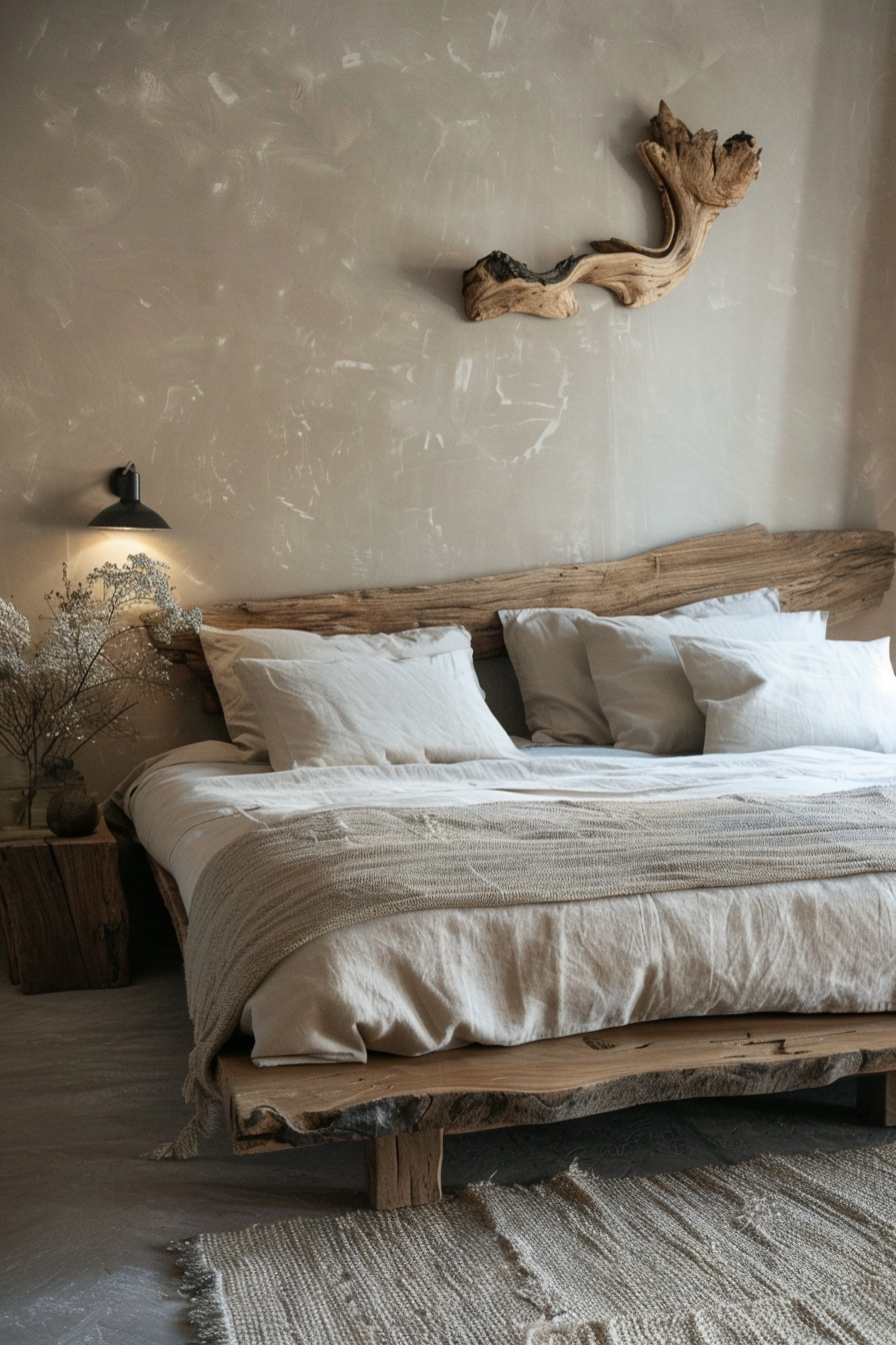 A cozy bedroom with a rustic wooden bed, beige linens, wall-mounted reading light, and a decorative driftwood piece on the wall.