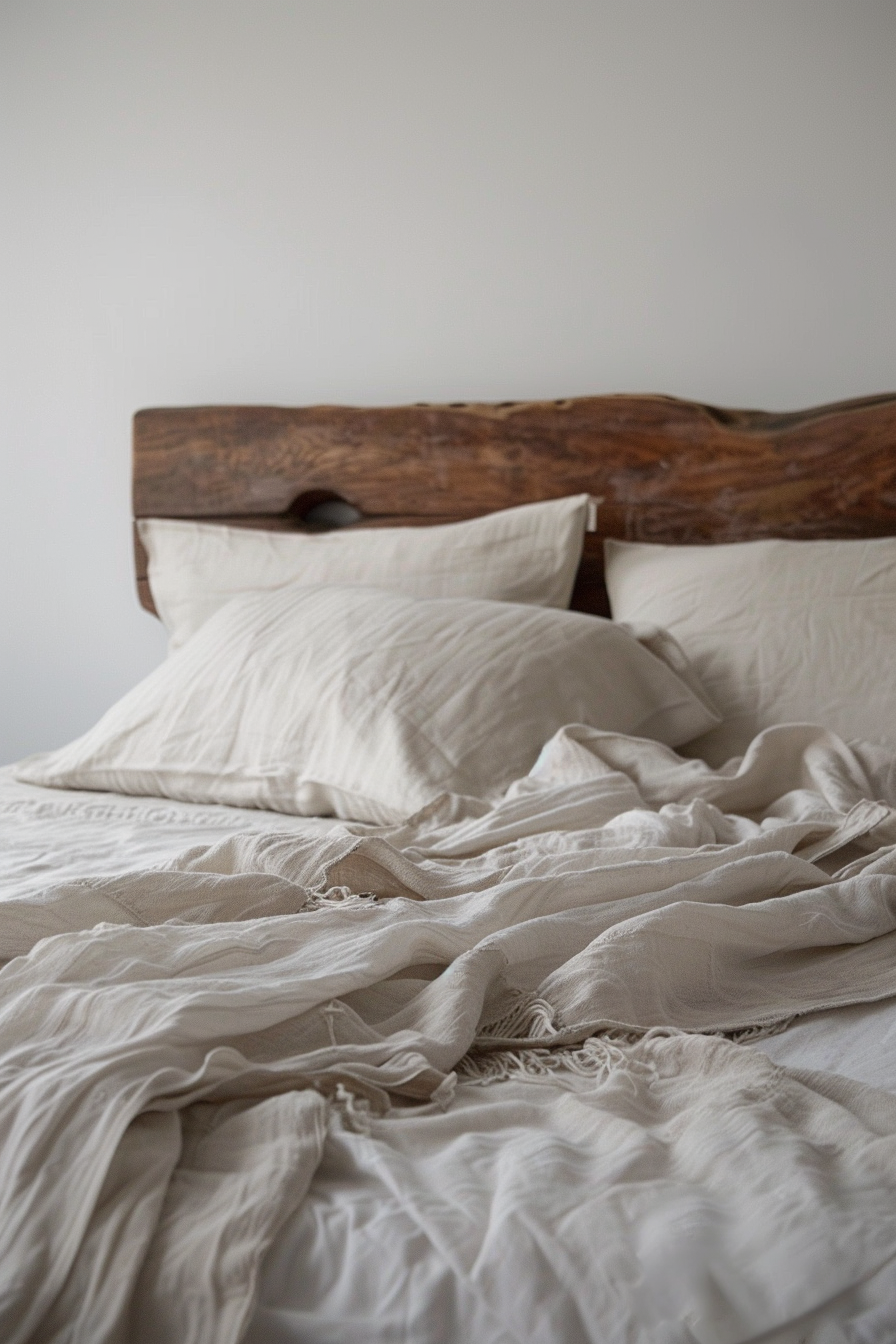 Unmade bed with wrinkled white linens, fluffy pillows, and a unique wooden headboard against a plain wall.