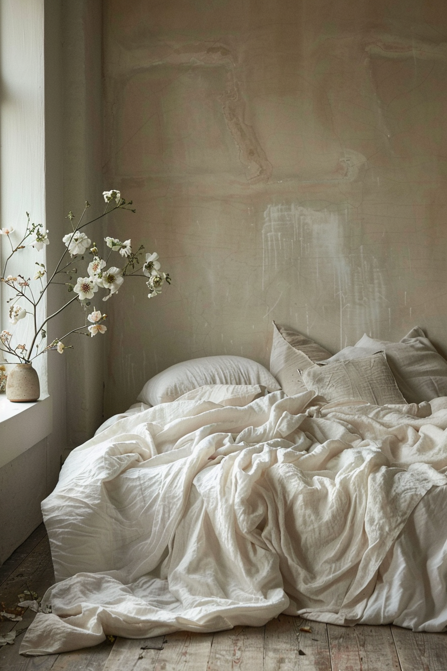 A cozy, unmade bed with crumpled white linens in a room with soft light, next to a vase with delicate white flowers on a windowsill.