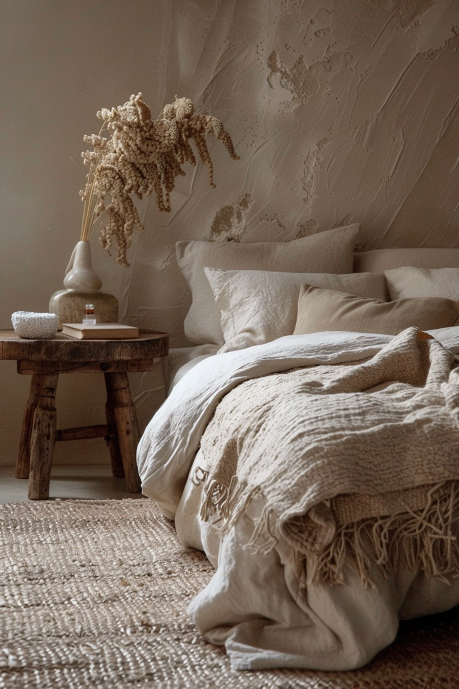 A cozy bedroom corner with a textured bedspread, plush pillows, rustic stool, and dried flowers in a vase against a textured wall.