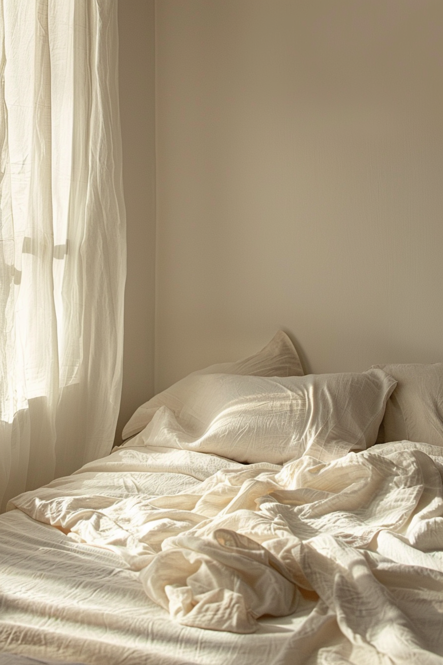 ALT: Sunlight filtering through sheer curtains onto an unmade bed with crumpled white linens in a peaceful bedroom setting.