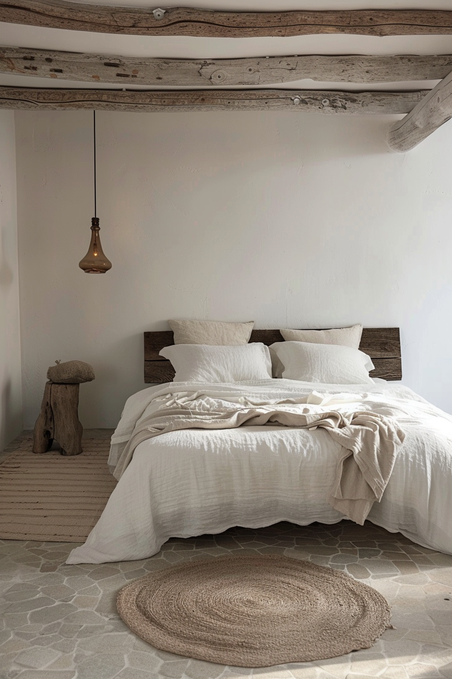 A rustic bedroom with a large bed covered in white linen, a round woven rug on a tiled floor, and a solitary pendant light.