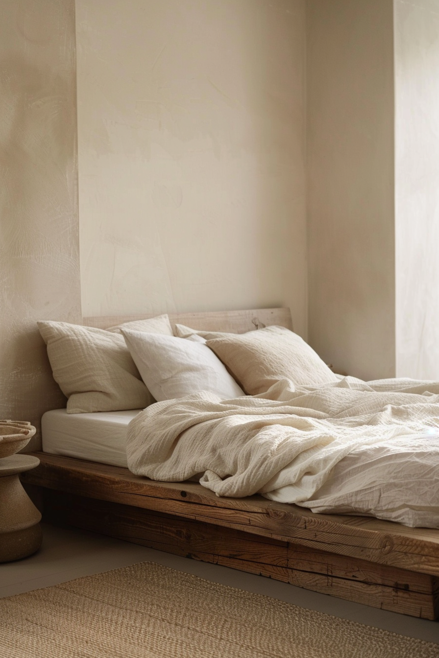 A minimalist bedroom with a rustic wooden bed frame, white linens, and neutral-toned decor.