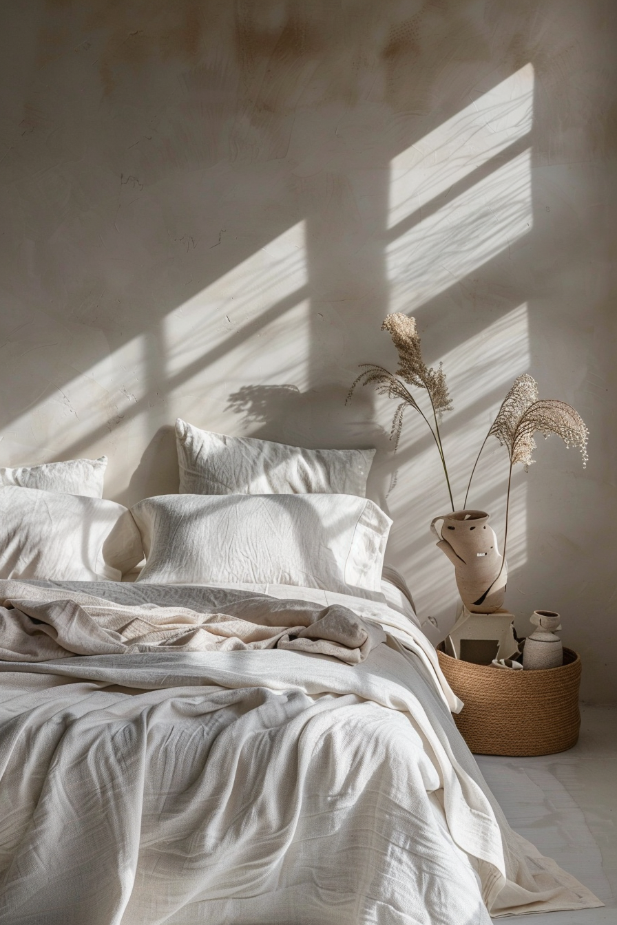 ALT: A cozy, sunlit bedroom with an unmade bed, white linens, and a wicker basket holding pottery and dried plants casting soft shadows.