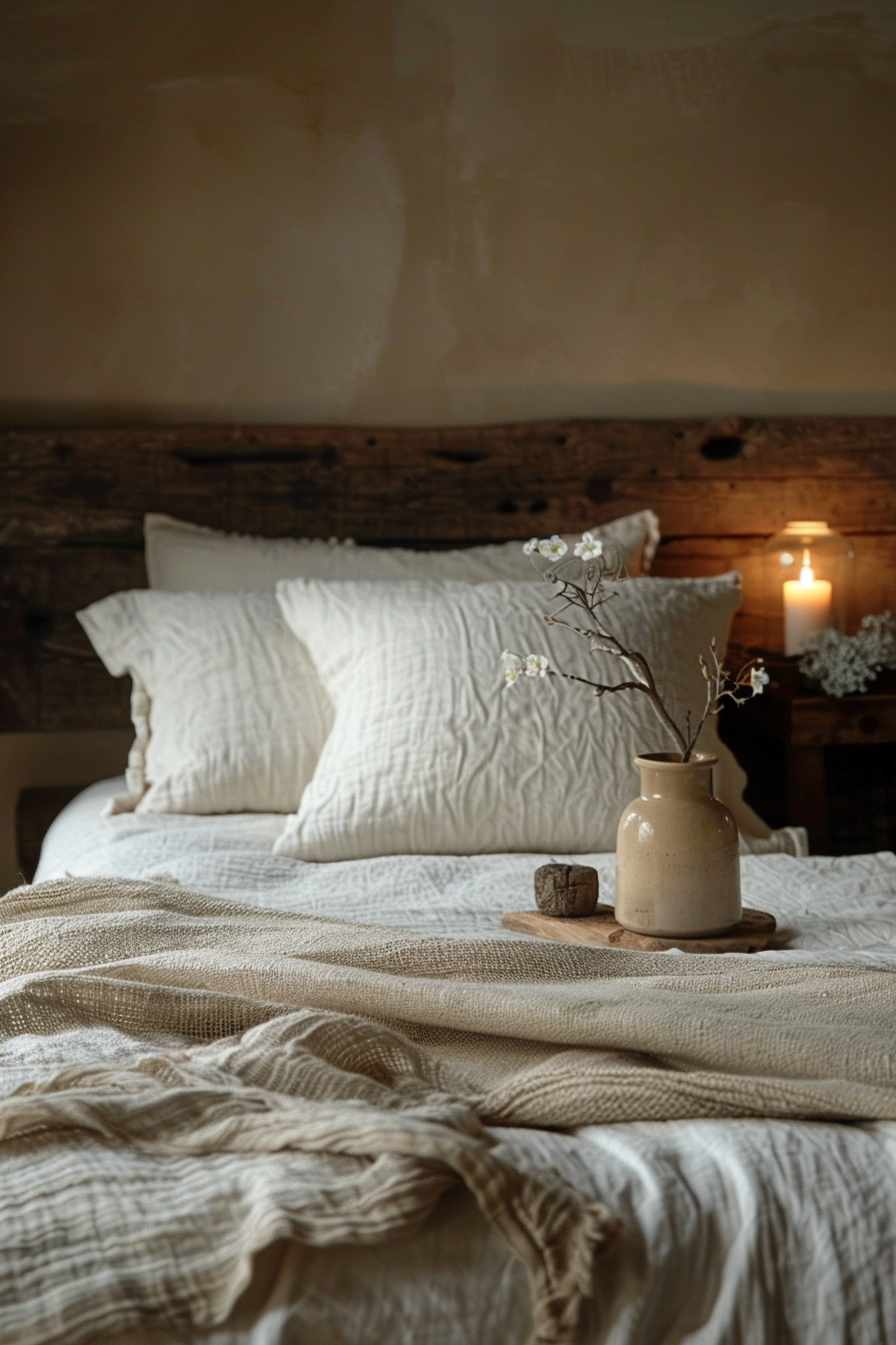 A cozy bedroom with a rustic wooden headboard, white bedding, and a ceramic vase with branches on a bedside tray, illuminated by candlelight.