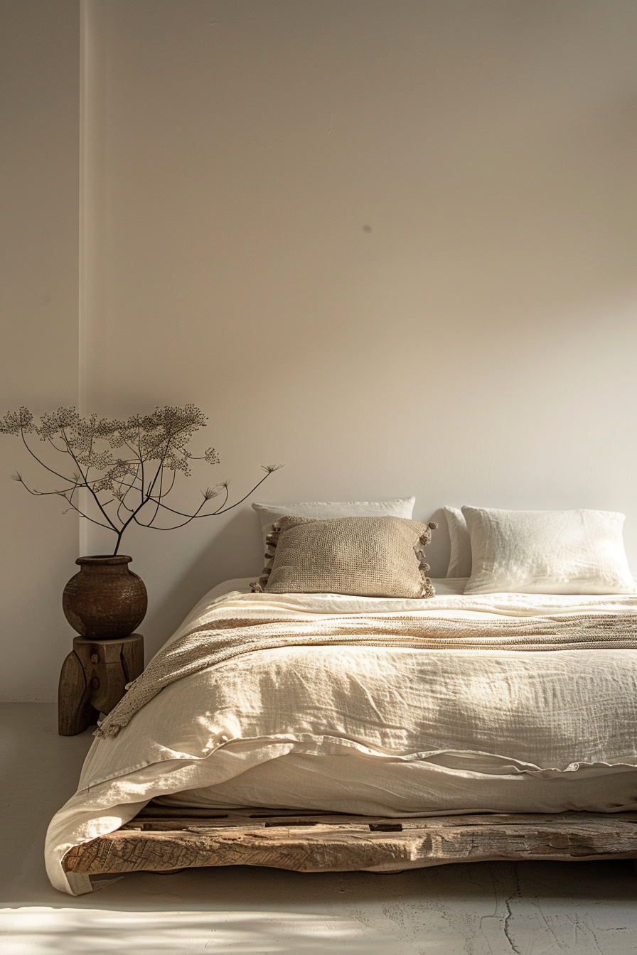 A neatly made bed with white linen in a sunlit room, beside a rustic vase with dried flowers on a wooden stool.