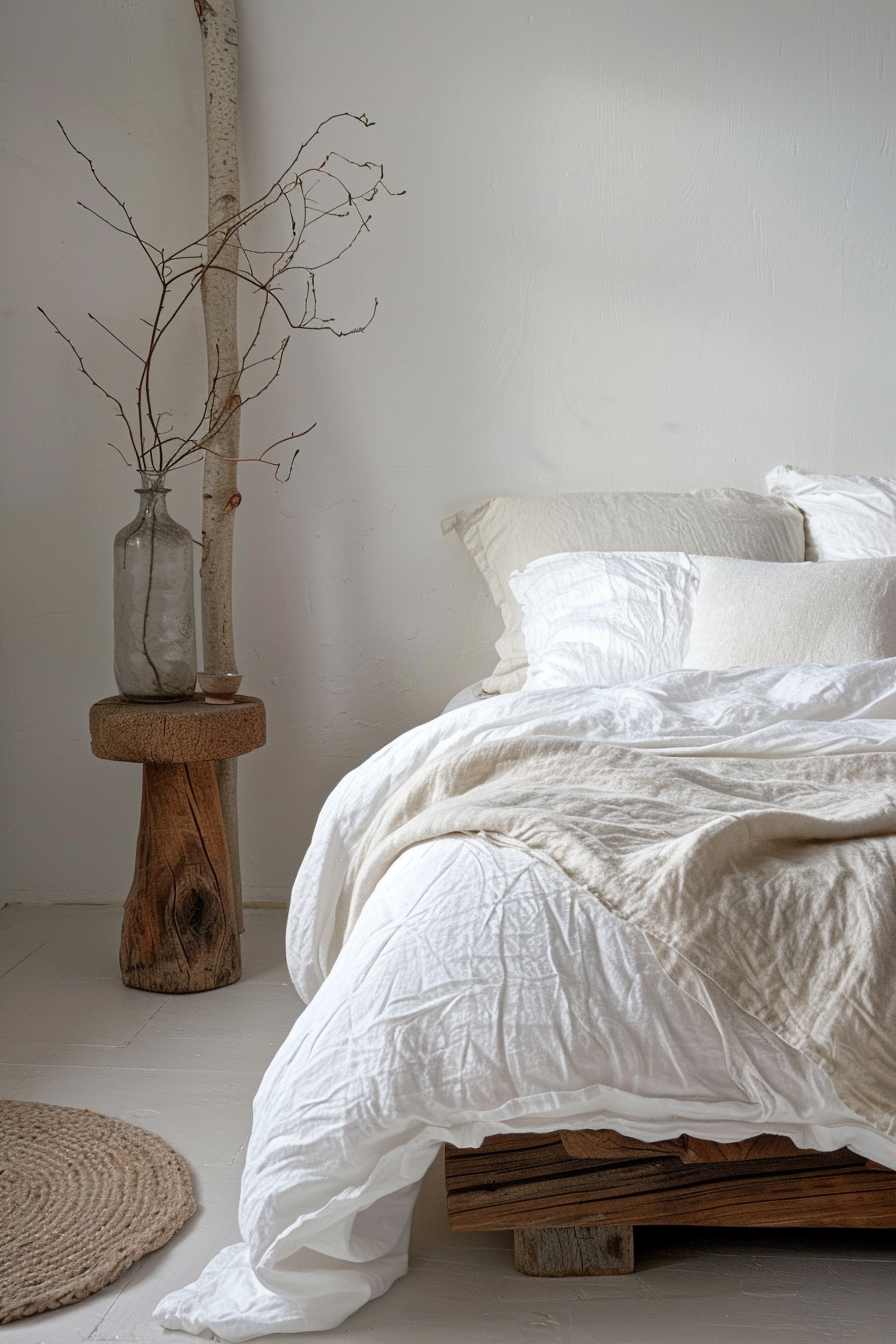 A minimalist bedroom with a white crumpled bedspread on a bed and a clear glass vase with branches on a wooden stool.