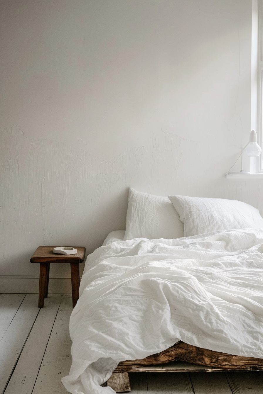 A minimalist bedroom with an unmade bed covered in white linen and a small wooden bedside table.