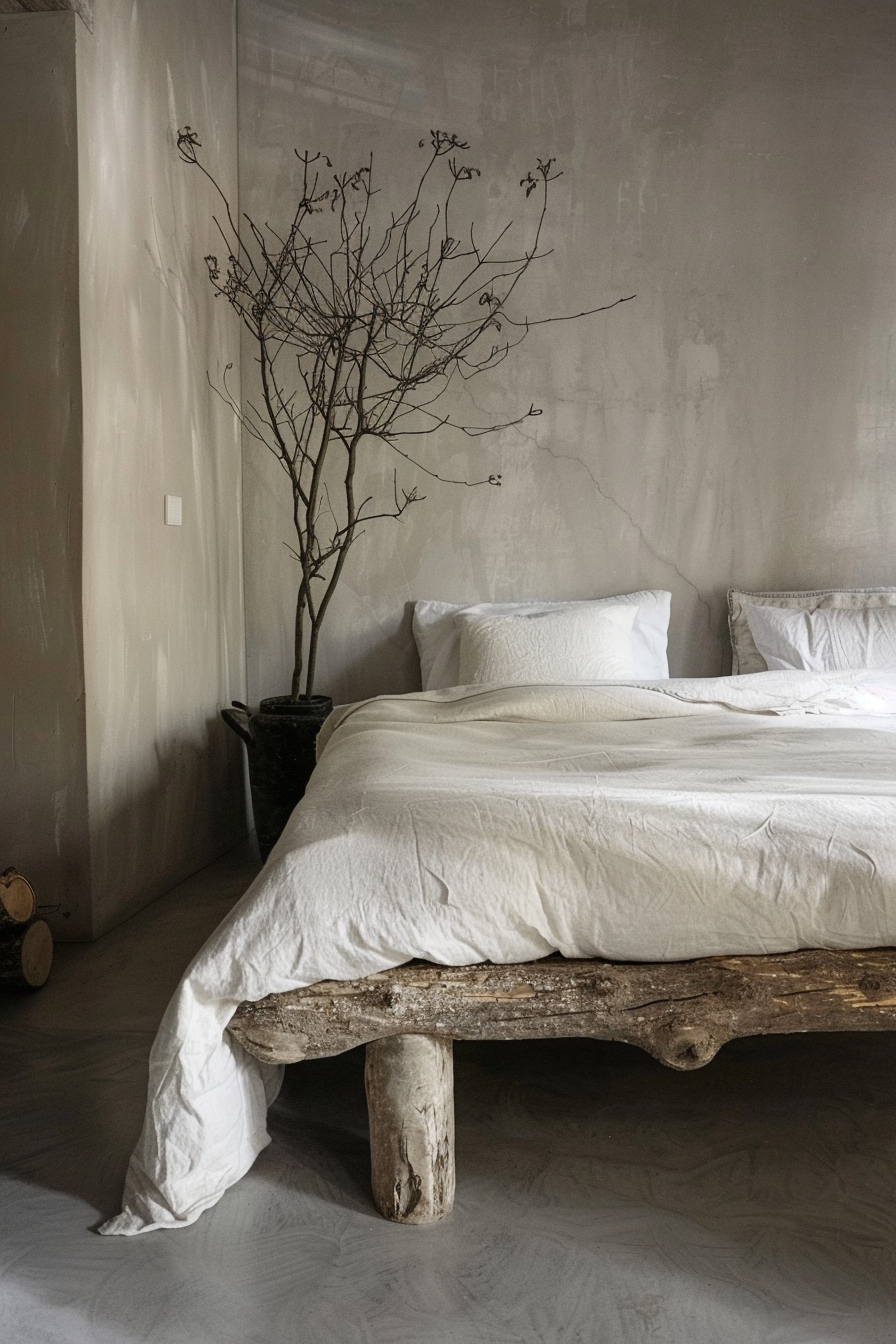 A rustic bedroom with a bed made of rough-hewn wood, white linens, and a dry branch in a vase against a gray wall.