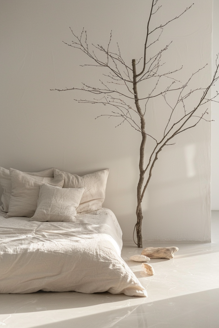 ALT: Minimalist bedroom with an unmade bed covered in white linens and a leafless tree standing beside it in a serene white interior.