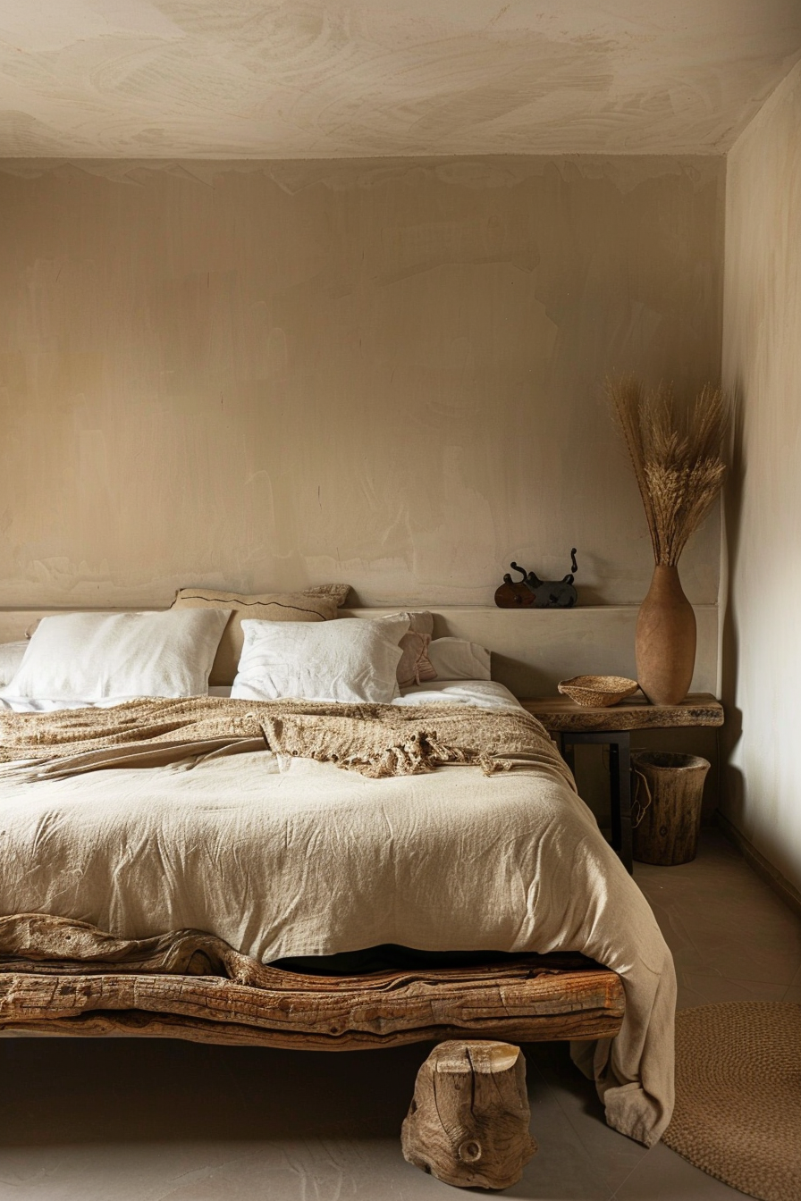 A rustic bedroom with a bed made of natural wood, beige linens, and a vase with dry grasses on a side table.