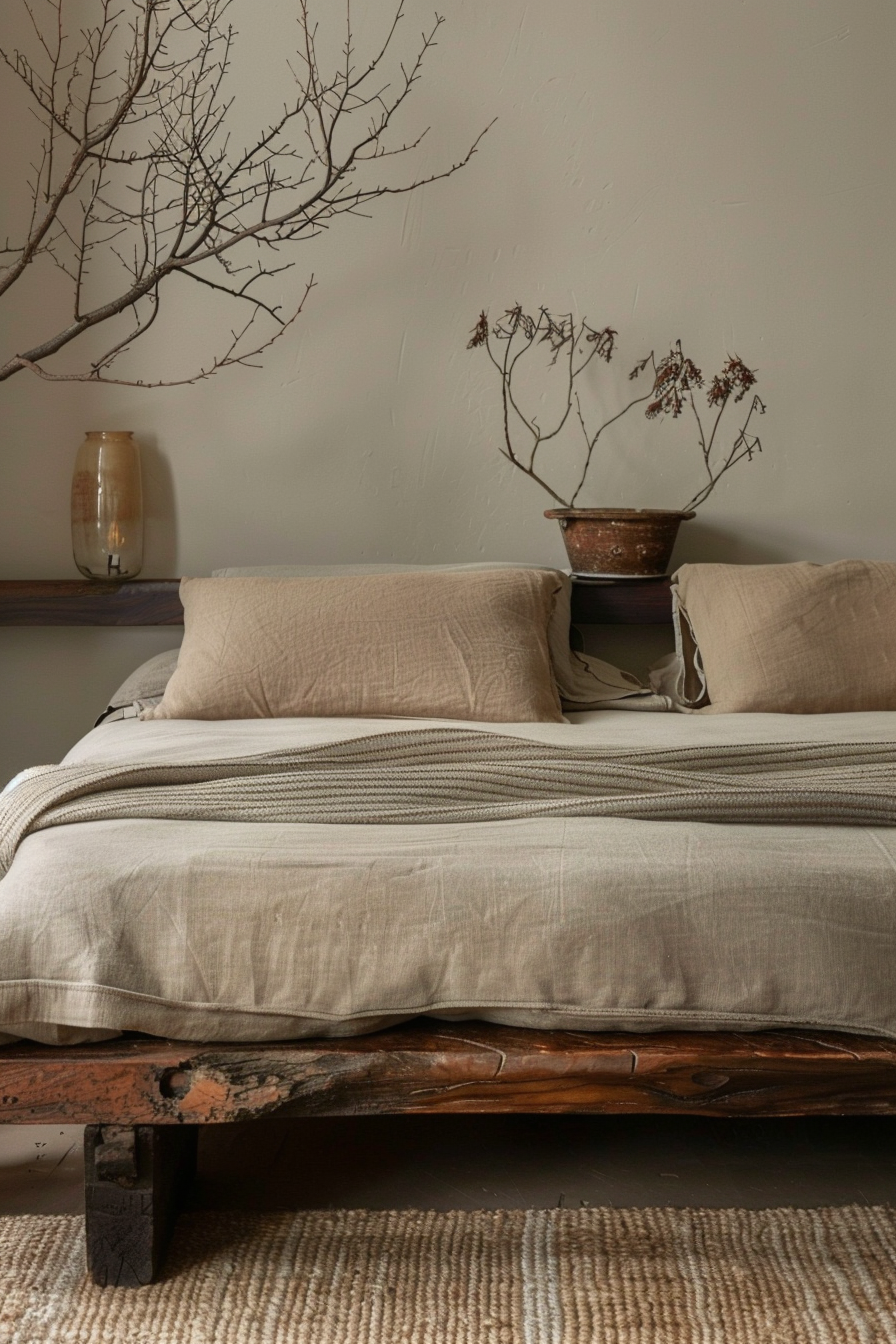ALT: A cozy bedroom corner with an earth-toned linen bedspread on a rustic wooden bed, next to a vase and dried plants on a muted wall.