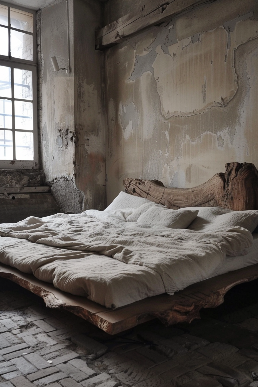 ALT: An unmade bed with white linens sits in an abandoned room with peeling walls, a large window, and herringbone brick floor.