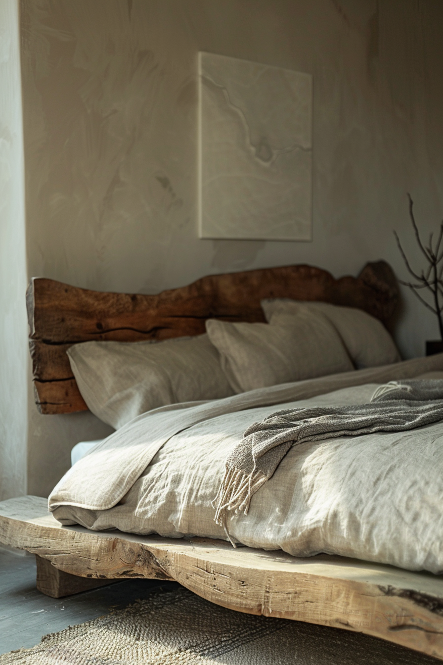 A rustic bedroom with a bed made from natural wood planks, linen bedding, and a neutral-toned throw blanket.