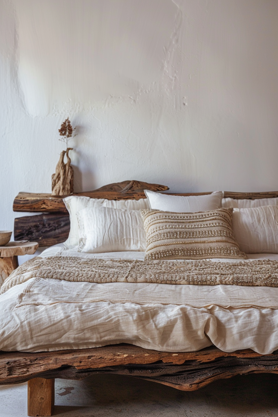 Rustic style bedroom with a bed made of rough-hewn wooden planks and white textured bedding.