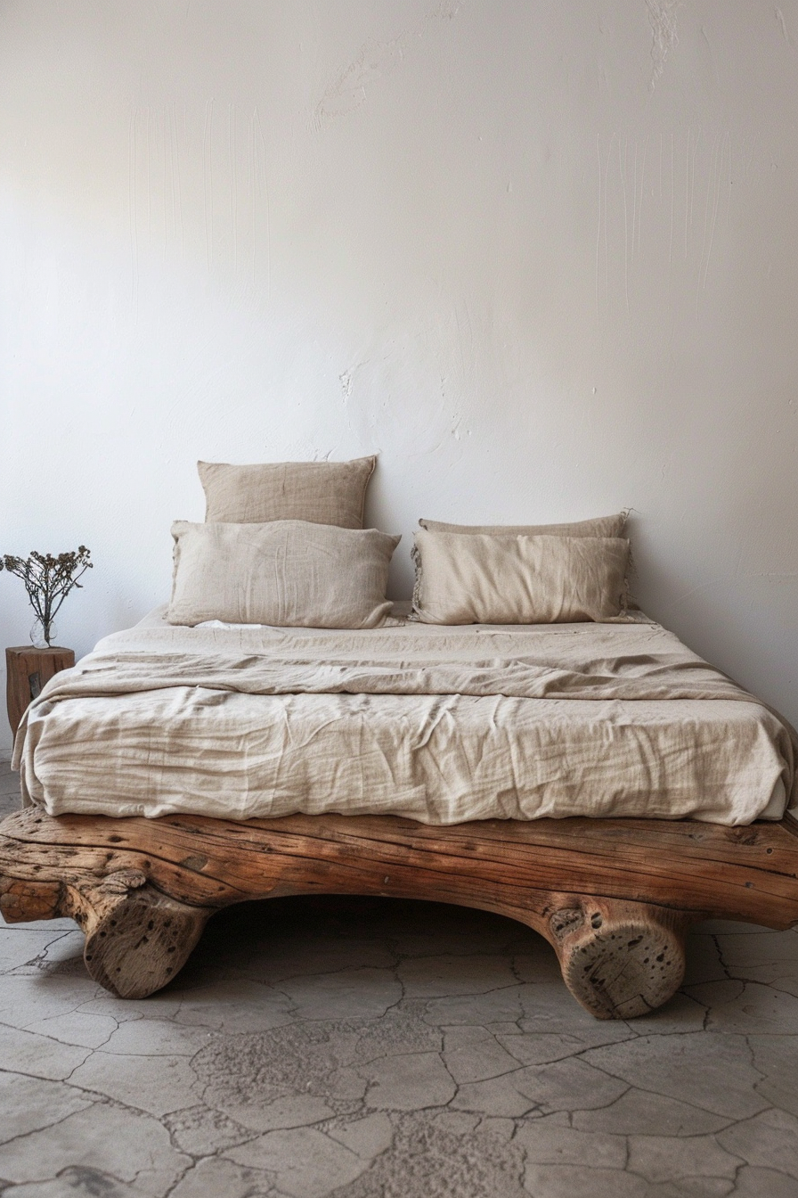 A rustic bedroom with a bed featuring a natural wood base and neutral linen bedding against a textured white wall.