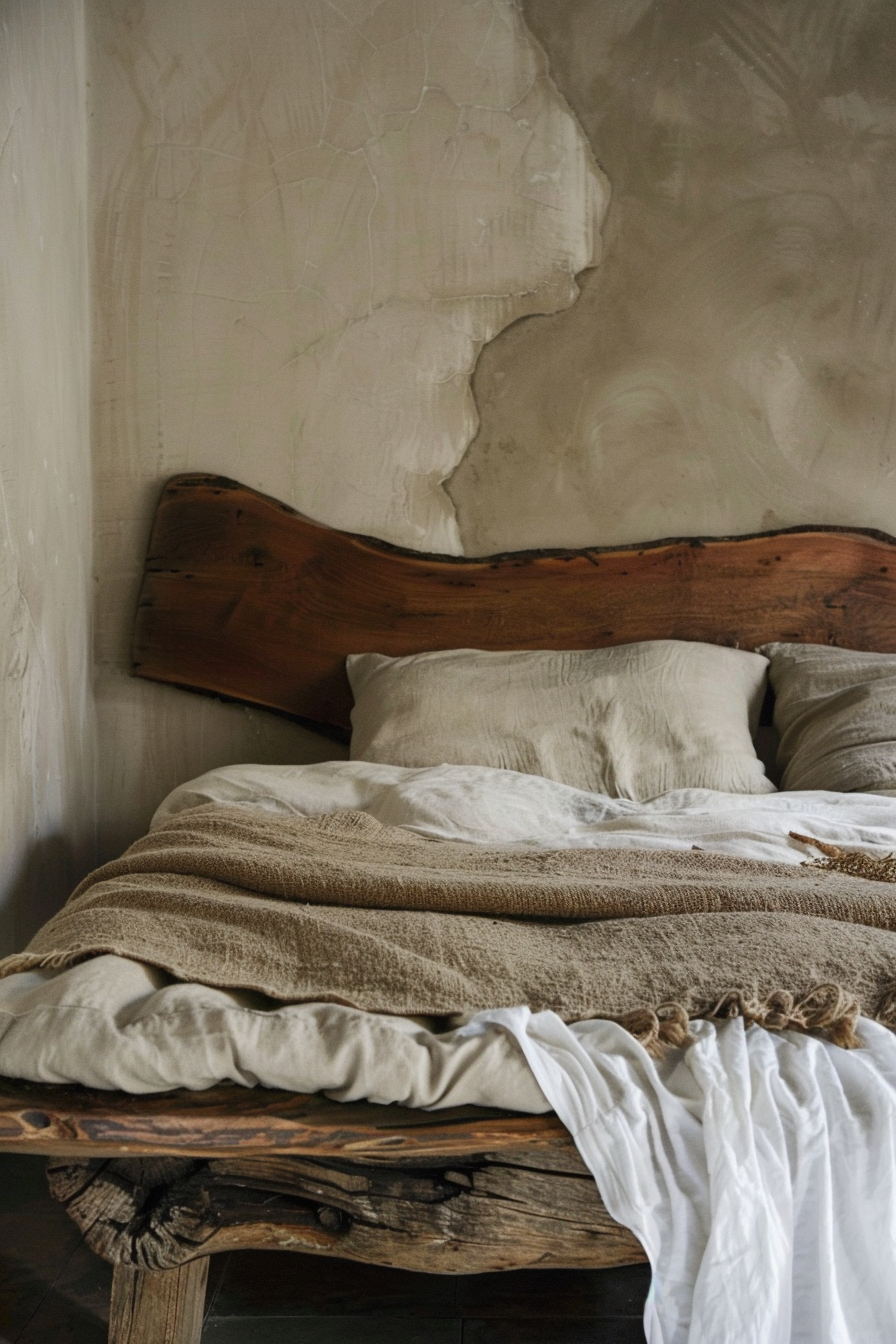 A rustic wooden bed with crumpled linen bedding against a plaster wall with visible cracks.