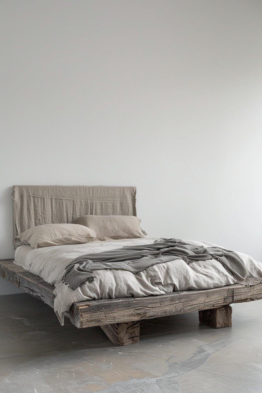 Rustic-style bedroom with a bed made of weathered wooden planks, dressed in linen bedding with a textured gray throw.