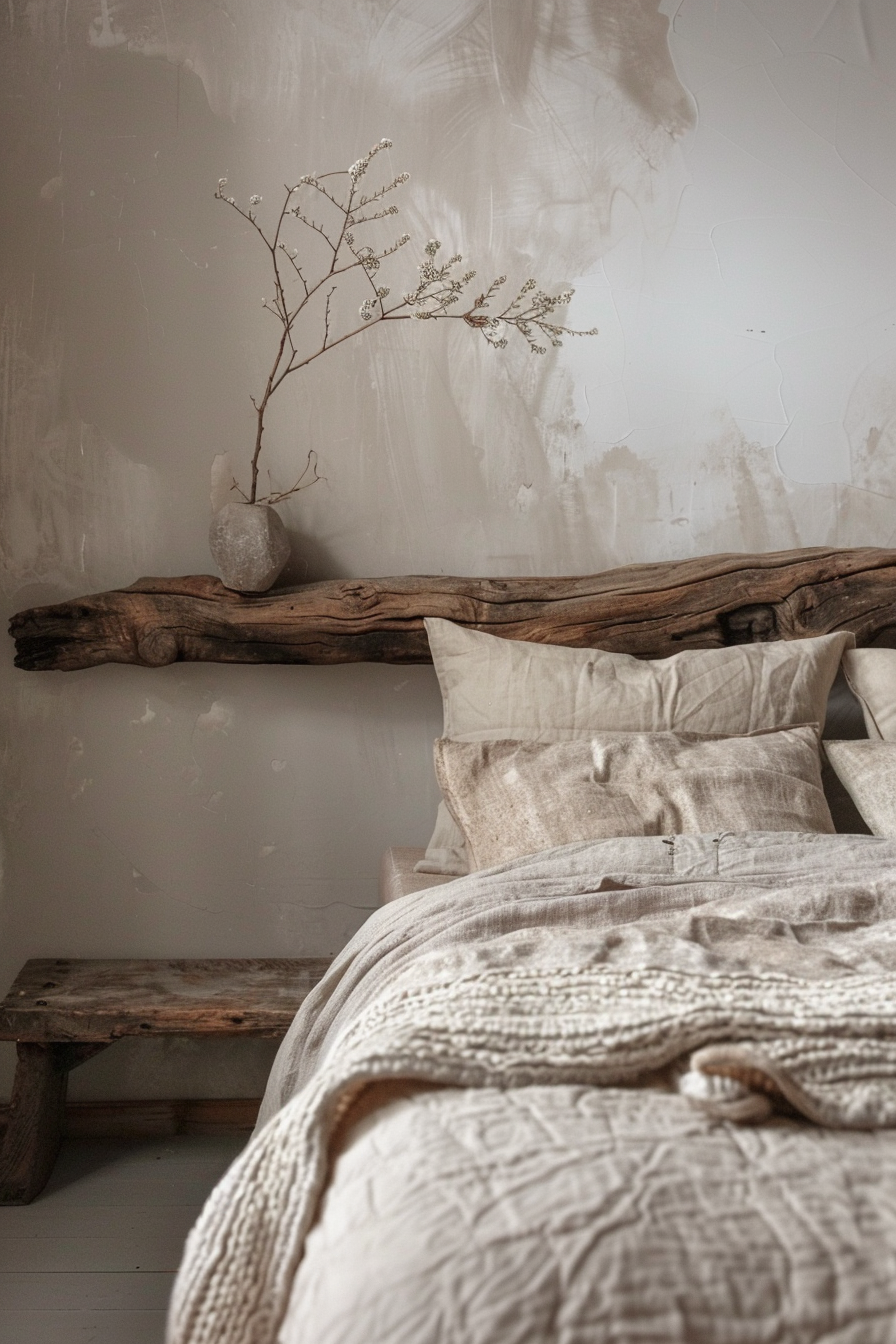 Rustic bedroom with a natural wood headboard, textured linen bedding, and a vase with dried flowers on a shelf.