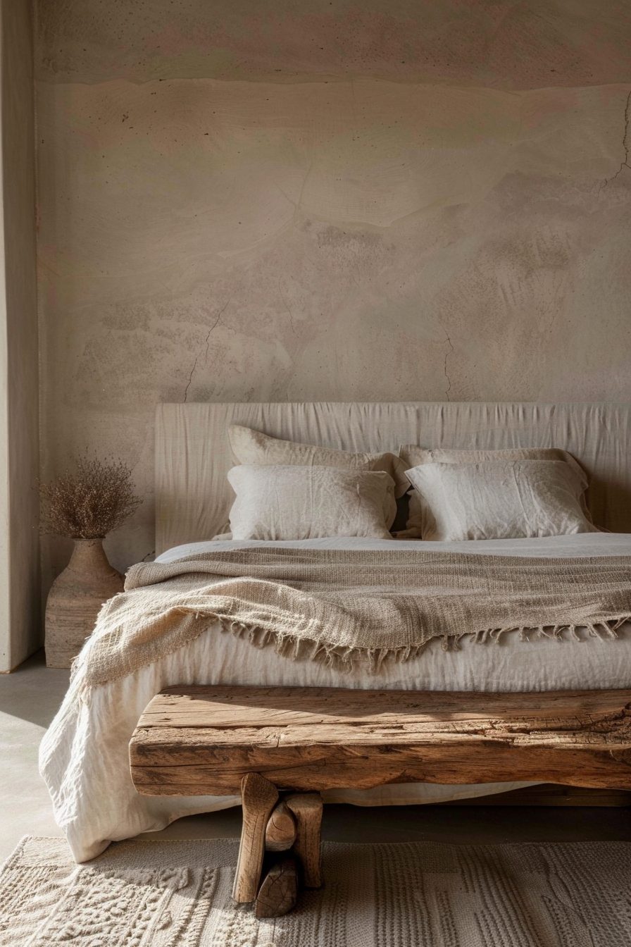 A cozy bedroom with a rustic wooden bed, white linens, and a textured throw, next to a vase with dried plants on a side table.