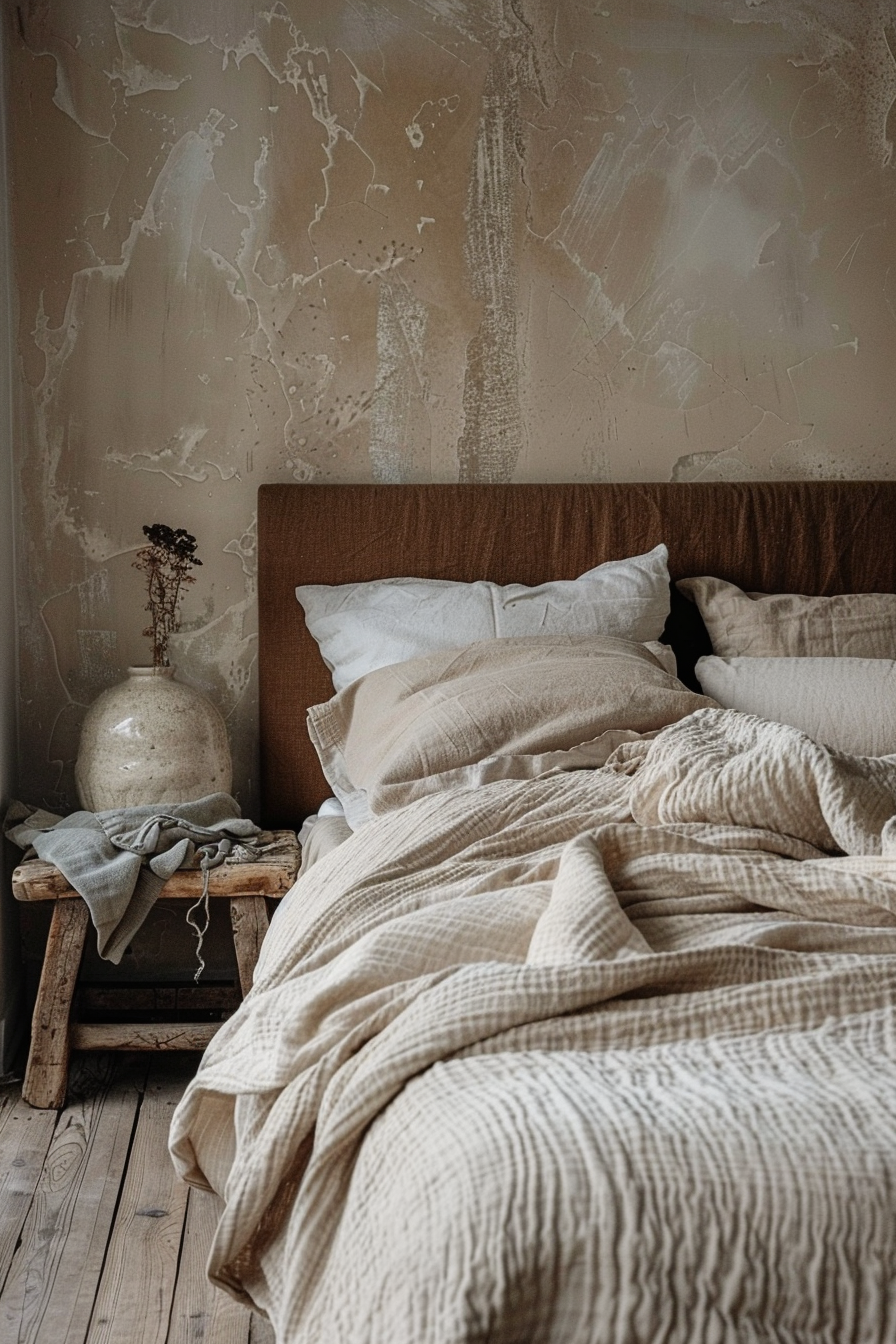 A rustic bedroom scene with an unmade bed, textured linens, a wooden headboard, and a vase on a stool against a distressed wall.
