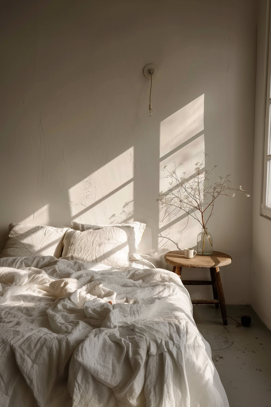 A cozy bedroom with sunlight casting shadows on an unmade bed, a rustic stool, and a vase with delicate branches.