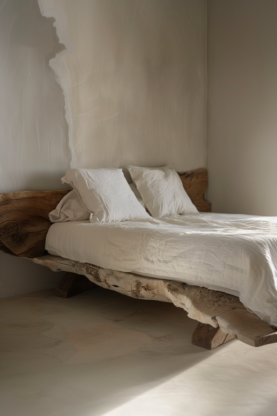A rustic wooden bed with white linens in a room with soft natural lighting.