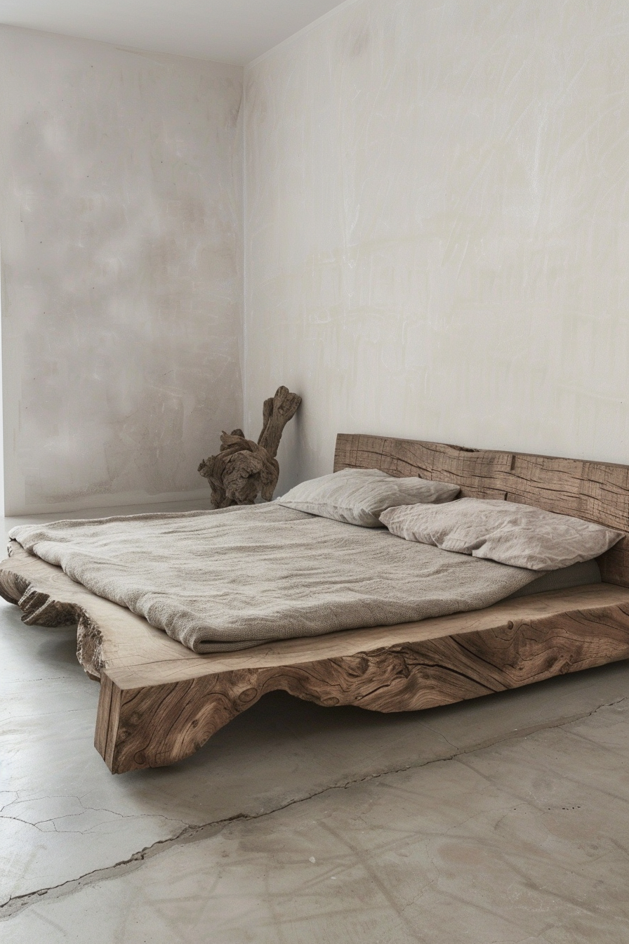 Minimalist bedroom with a rustic wooden platform bed and beige bedding in a room with concrete floors and white walls.