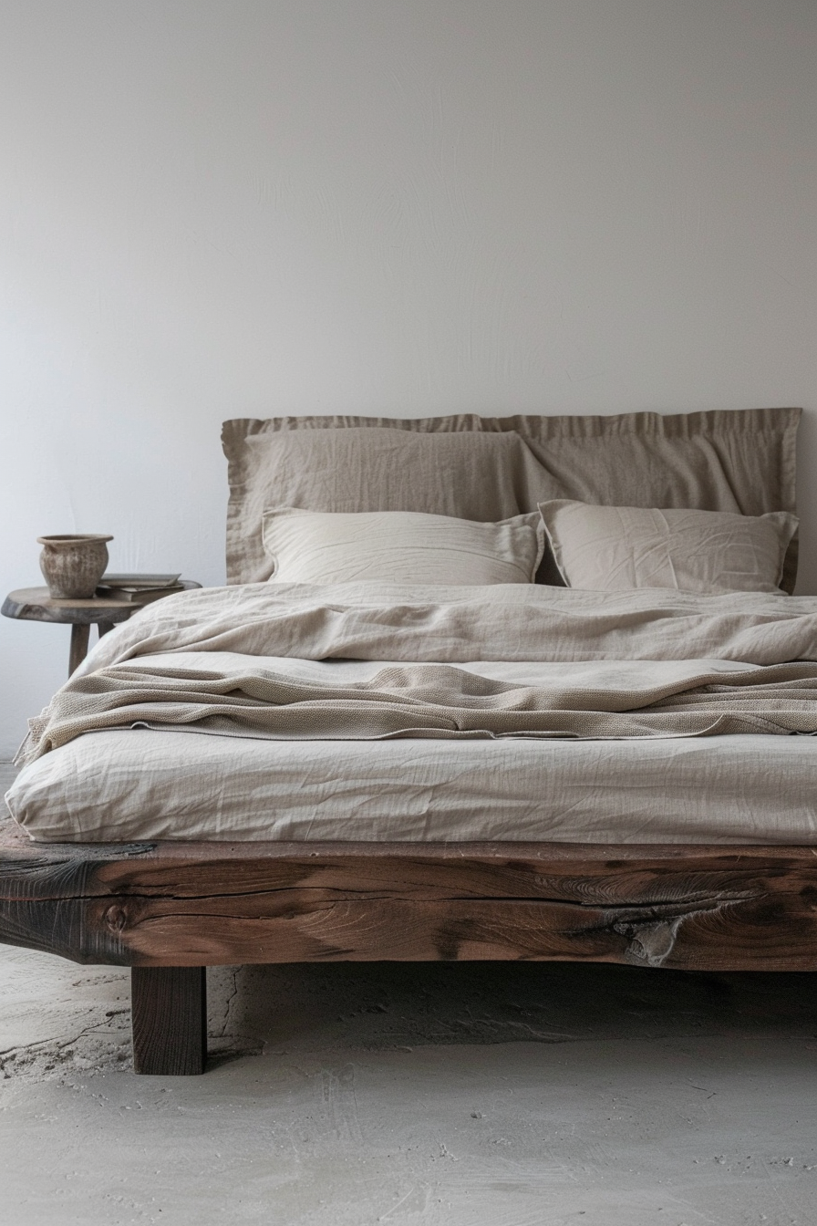 A rustic wooden bed with beige linen bedding in a room with white walls and a small wooden side table.