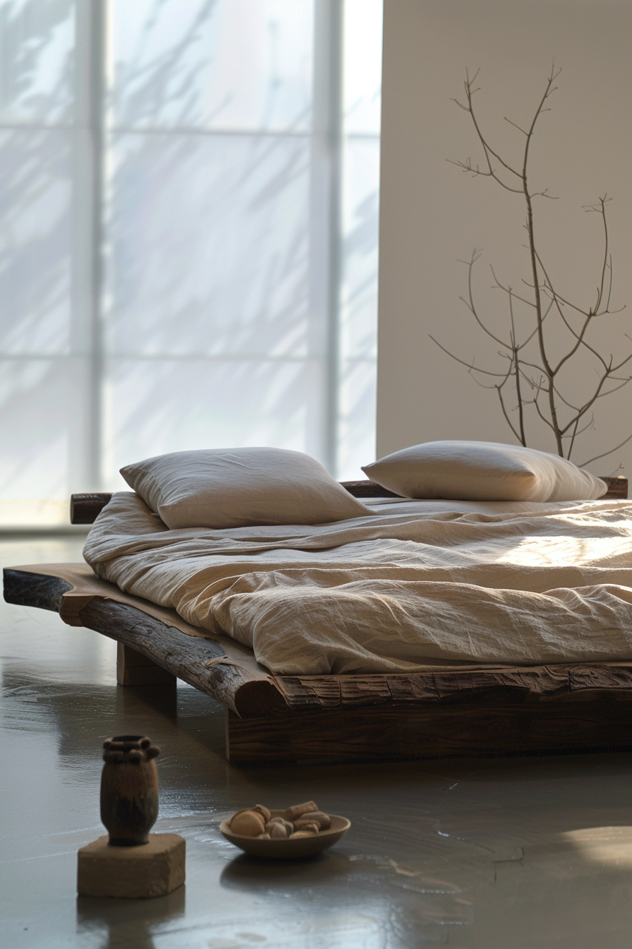 A minimalist bedroom with a rustic wooden bed, white pillows, linens, a vase, and a bowl of nuts on a polished floor, by a window.